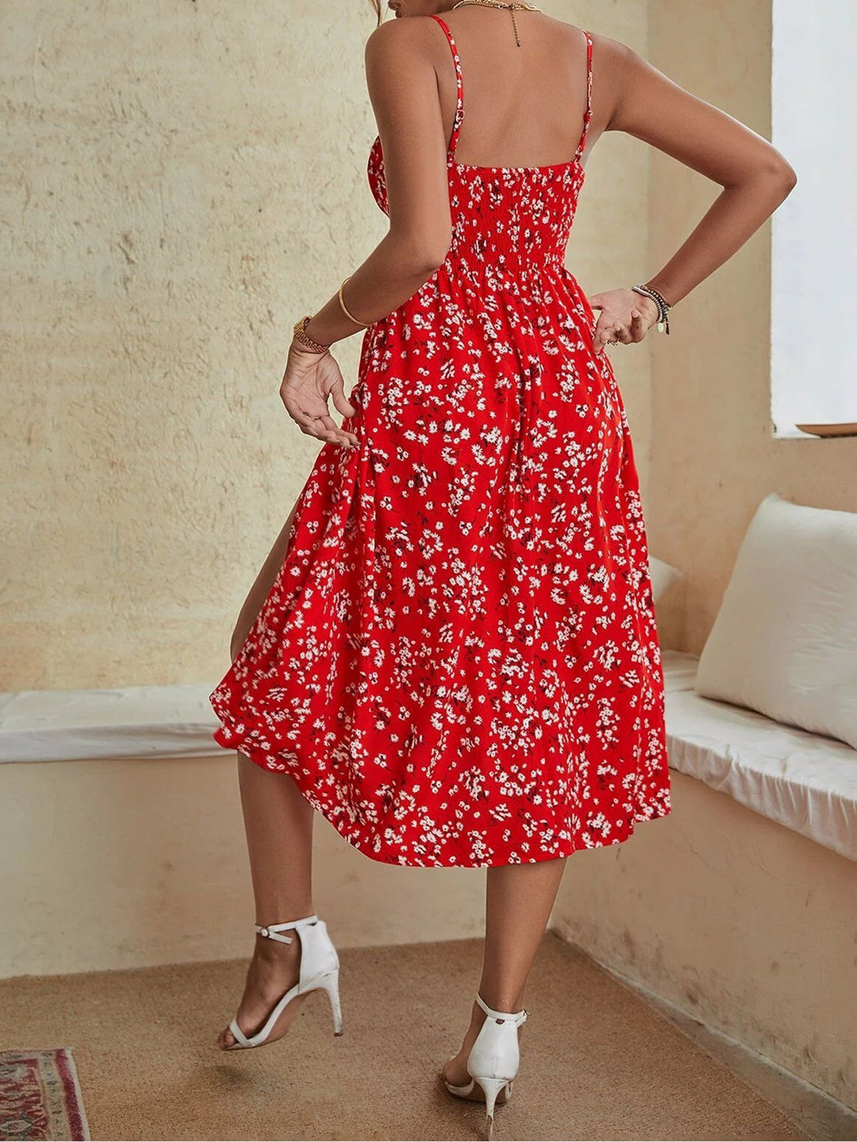 Spaghetti Strap Floral Smocked Backless Slit Dress