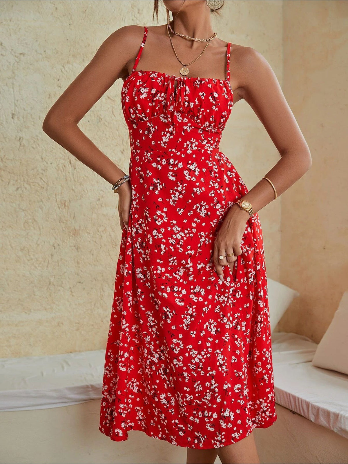Spaghetti Strap Floral Smocked Backless Slit Dress