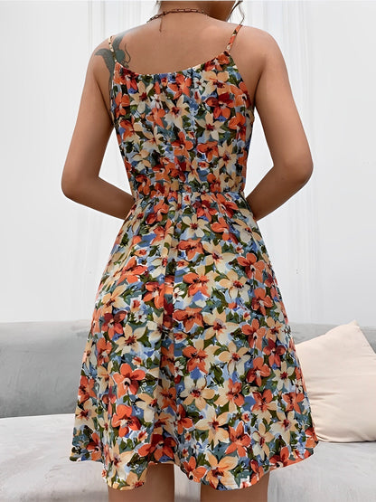 Floral Spaghetti Strap Lace-Up Mini A-Line Dress