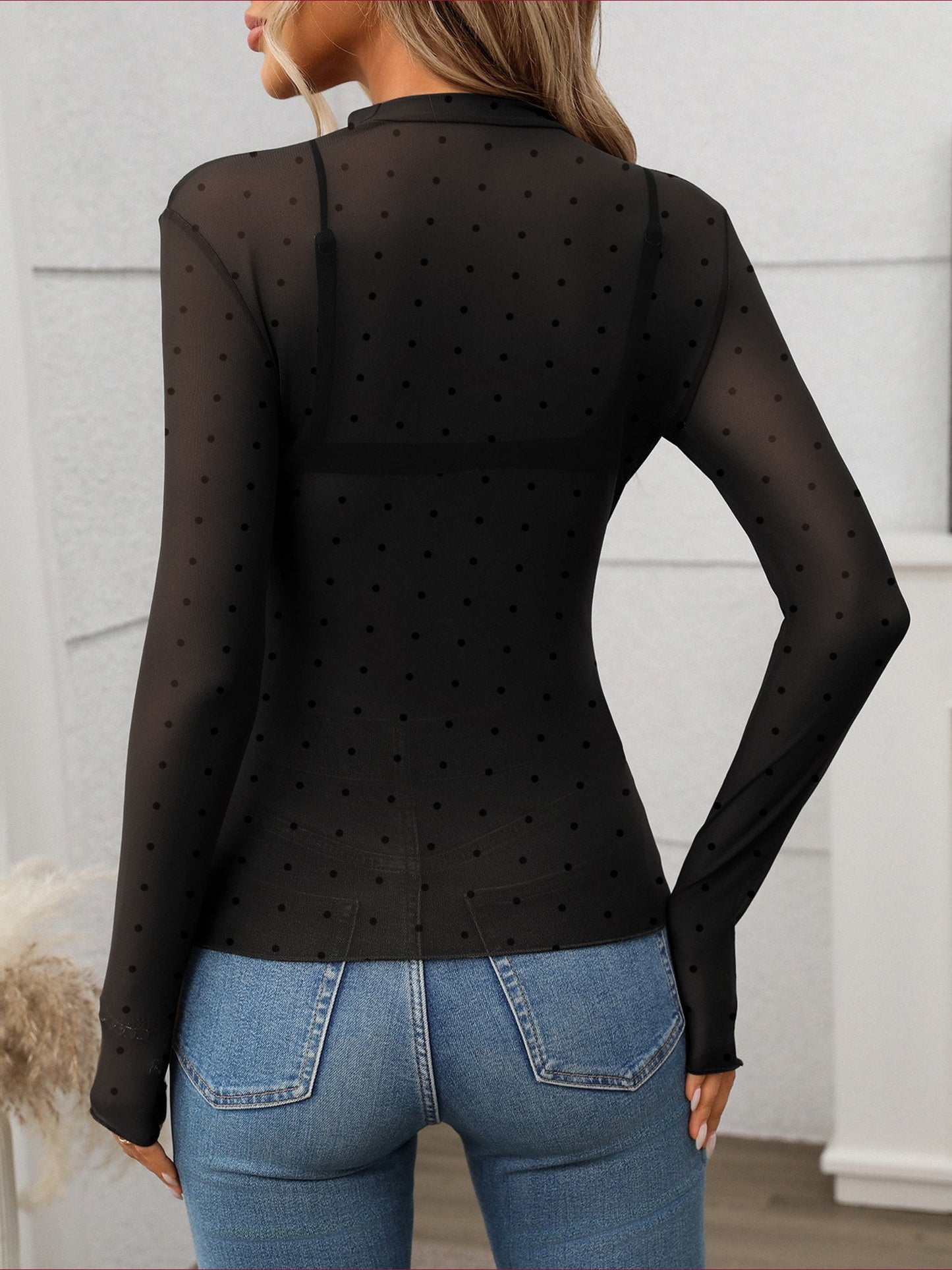 Mock Neck See Through Long Sleeves Mesh Top