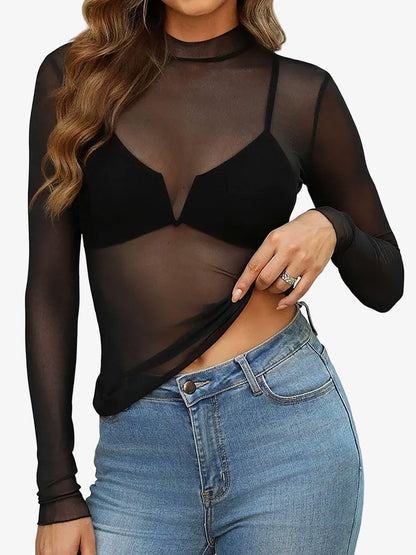 Mock Neck See Through Long Sleeves Mesh Top