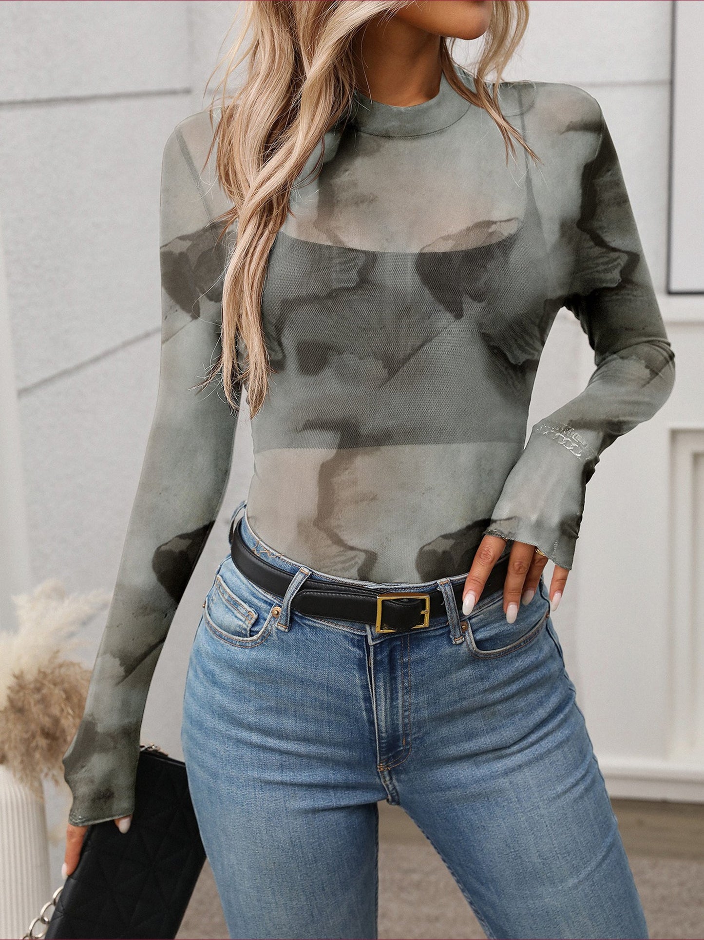 Mock Neck See Through Long Sleeves Mesh Top