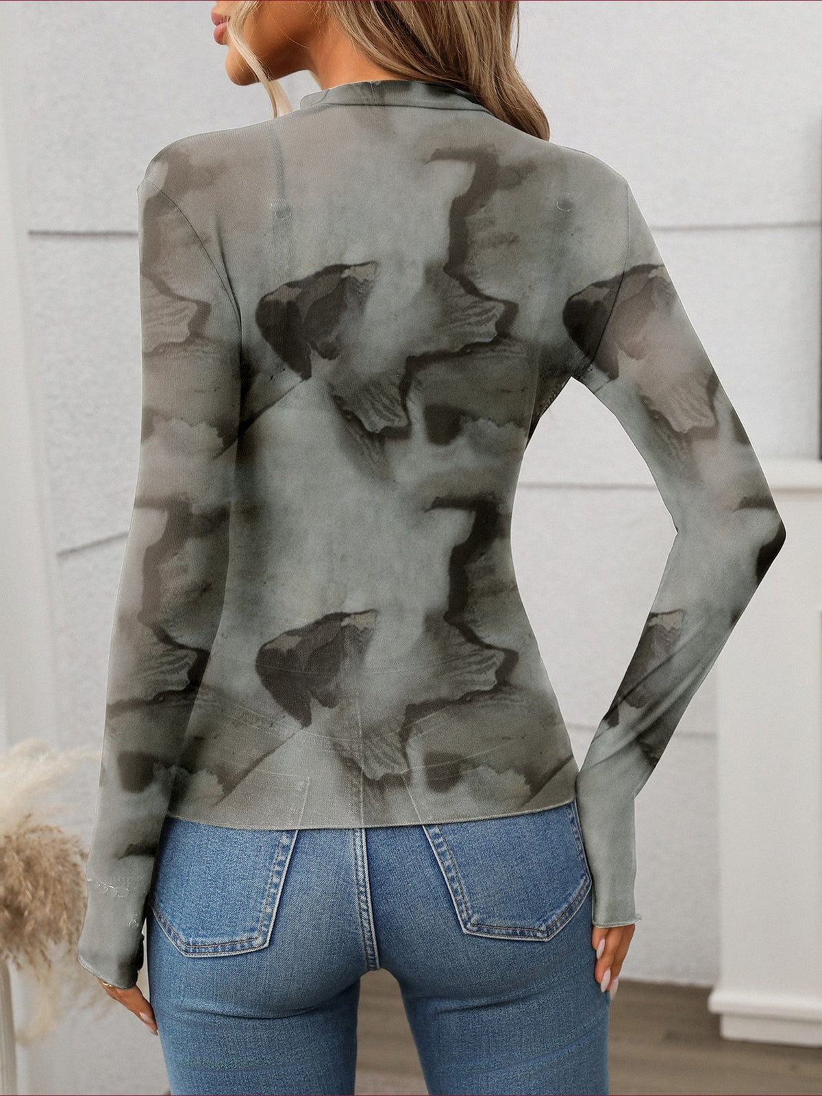 Mock Neck See Through Long Sleeves Mesh Top