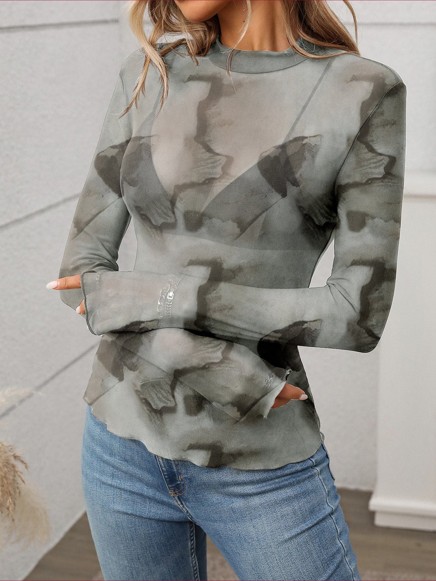 Mock Neck See Through Long Sleeves Mesh Top
