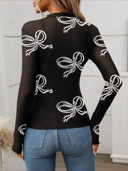 Mock Neck See Through Long Sleeves Mesh Top