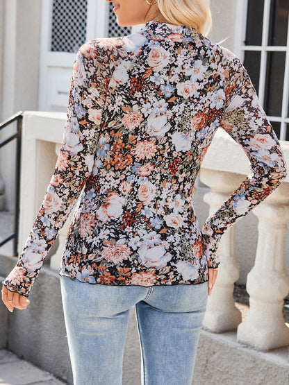 Mock Neck Long Sleeve Floral Mesh Casual Blouse
