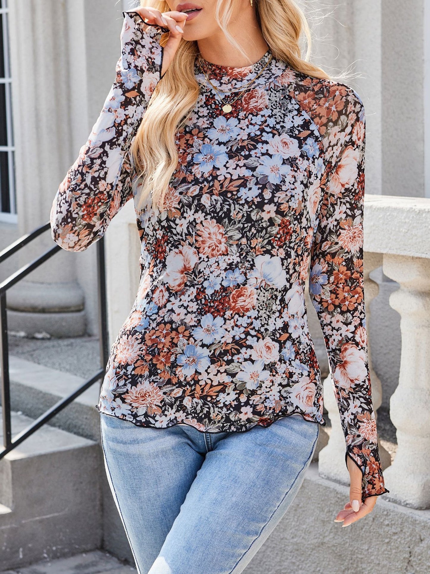 Mock Neck Long Sleeve Floral Mesh Casual Blouse