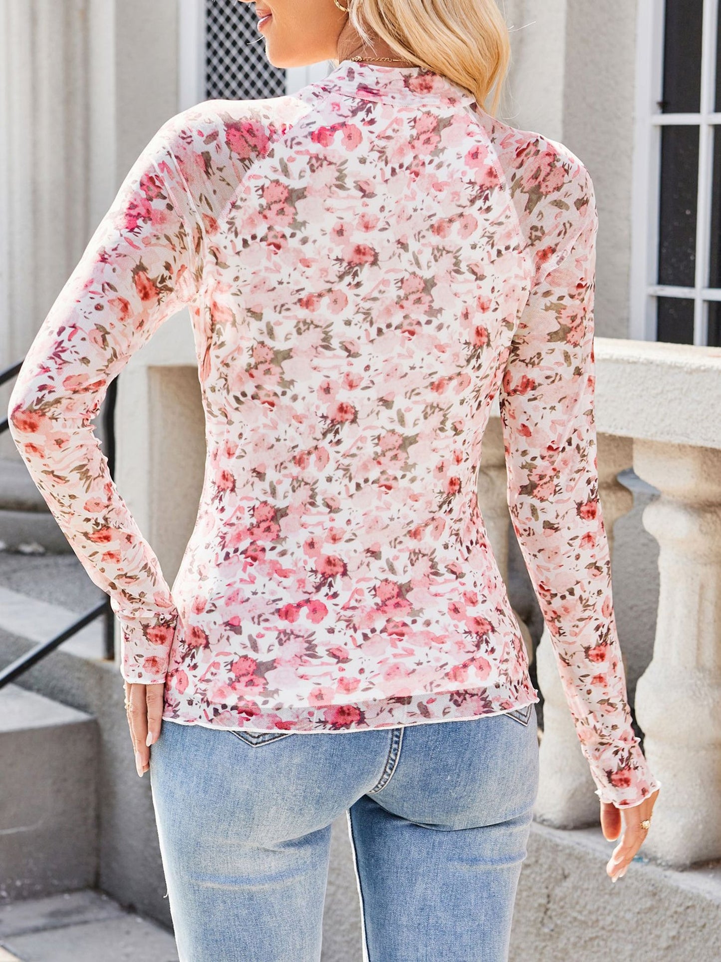 Mock Neck Long Sleeve Floral Mesh Casual Blouse