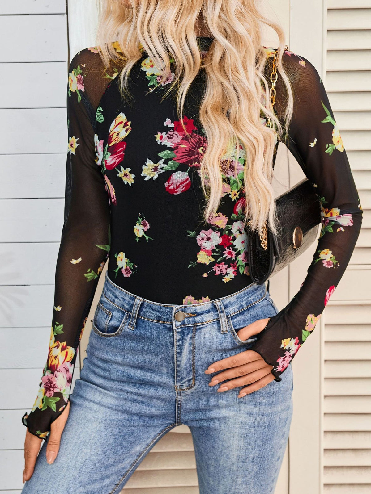 Mock Neck Long Sleeve Floral Mesh Casual Blouse