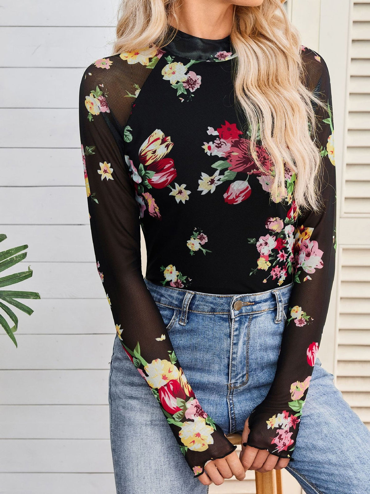 Mock Neck Long Sleeve Floral Mesh Casual Blouse