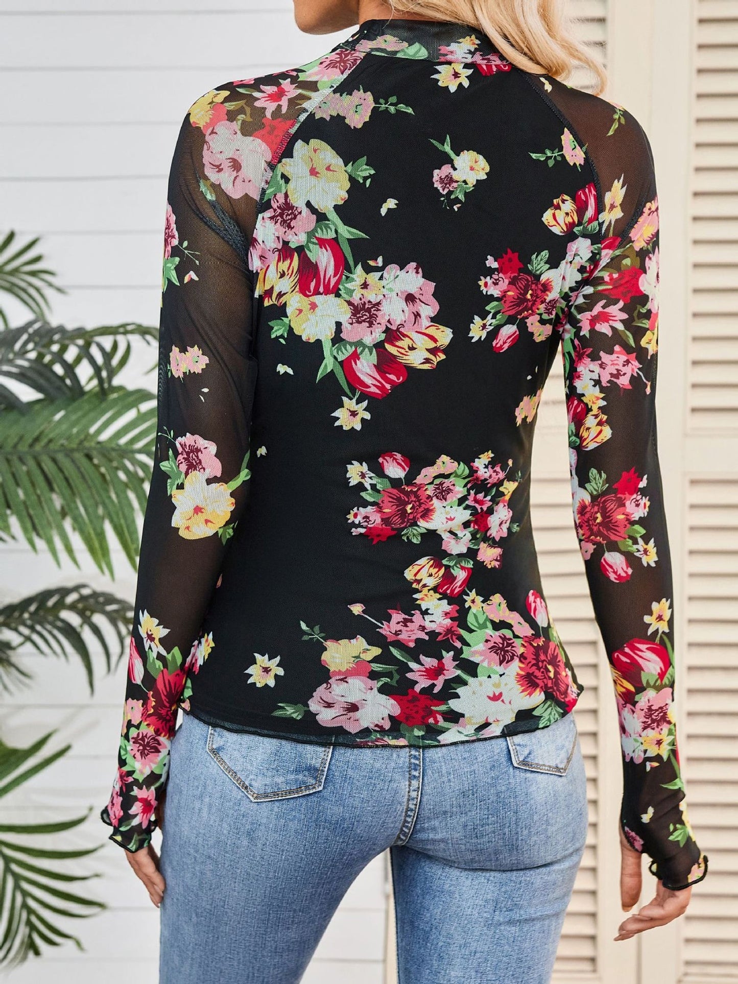 Mock Neck Long Sleeve Floral Mesh Casual Blouse