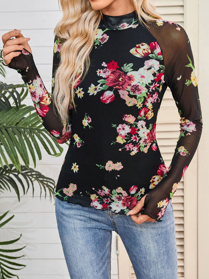Mock Neck Long Sleeve Floral Mesh Casual Blouse