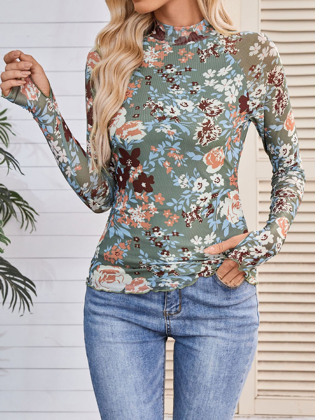 Mock Neck Long Sleeve Floral Mesh Casual Blouse