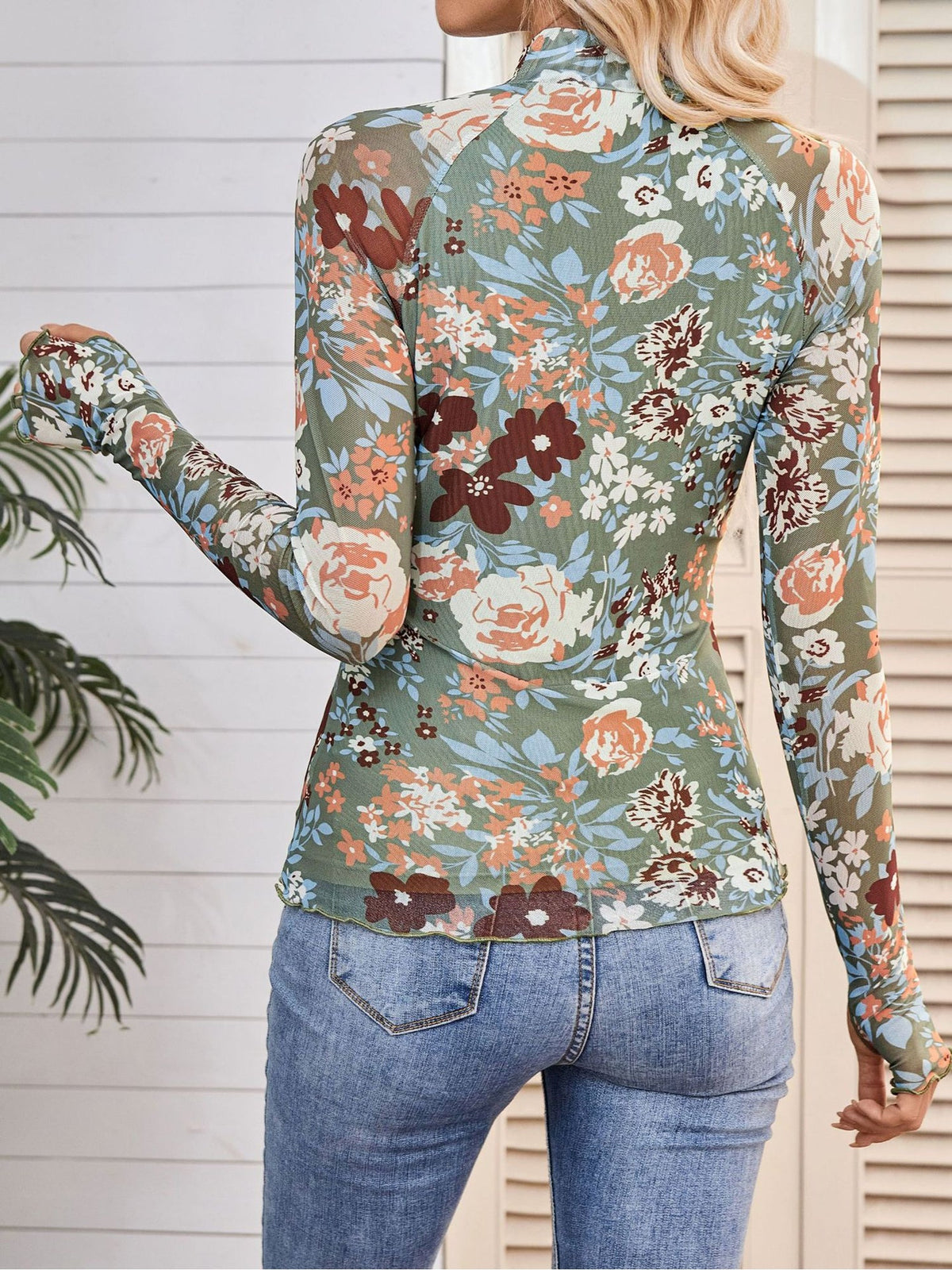 Mock Neck Long Sleeve Floral Mesh Casual Blouse