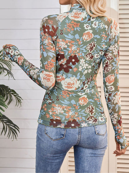 Mock Neck Long Sleeve Floral Mesh Casual Blouse
