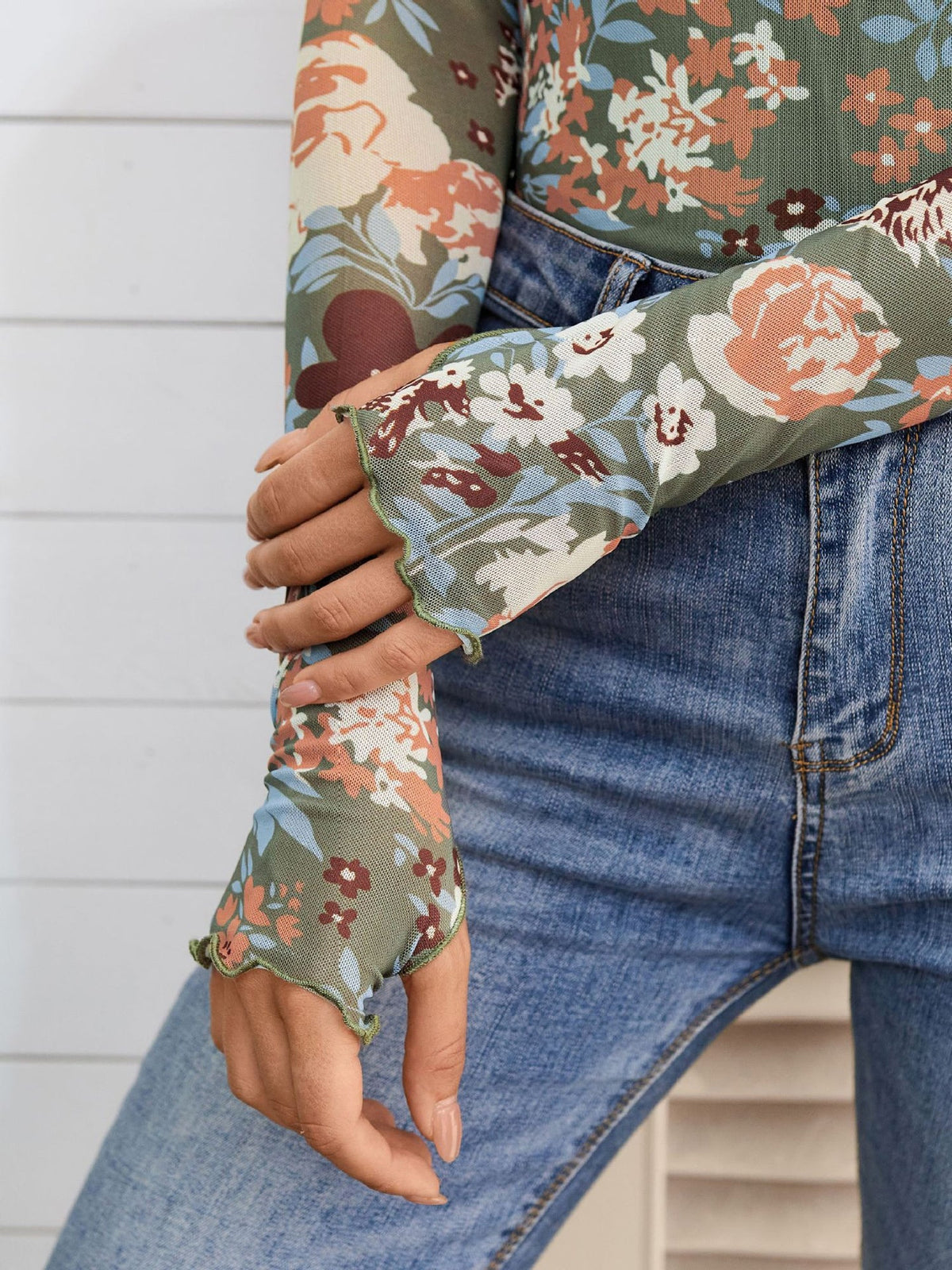 Mock Neck Long Sleeve Floral Mesh Casual Blouse