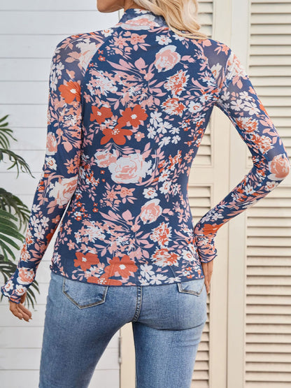 Mock Neck Long Sleeve Floral Mesh Casual Blouse