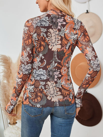Mock Neck Long Sleeve Floral Mesh Casual Blouse