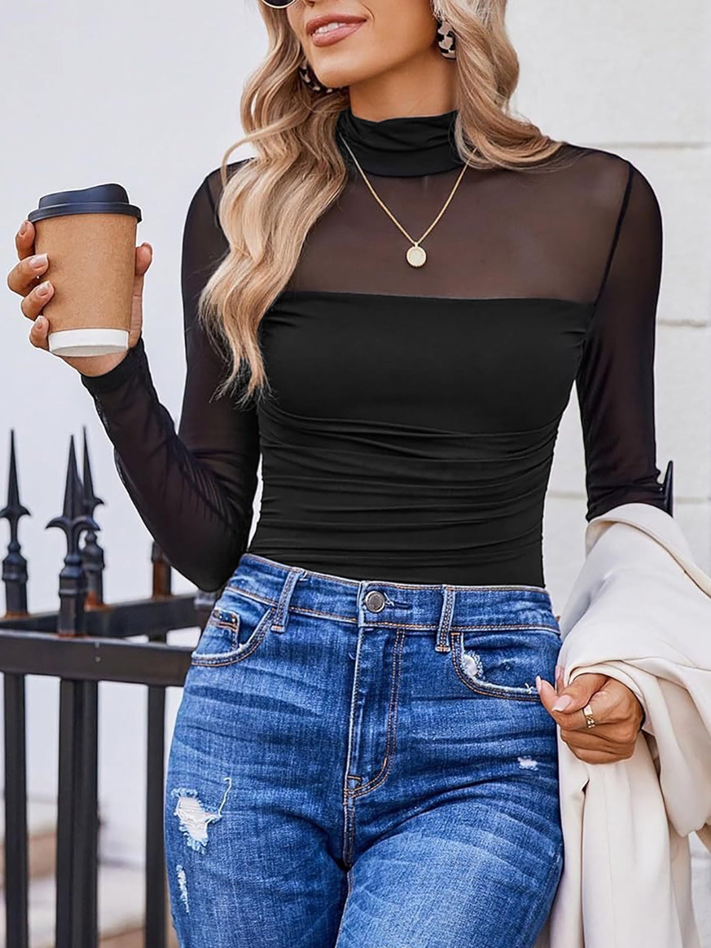 Solid Color Mock Neck Mesh Sheer Long Sleeve Blouse