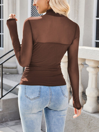 Solid Color Mock Neck Mesh Sheer Long Sleeve Blouse