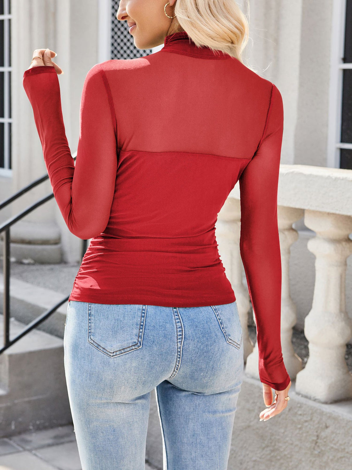 Solid Color Mock Neck Mesh Sheer Long Sleeve Blouse