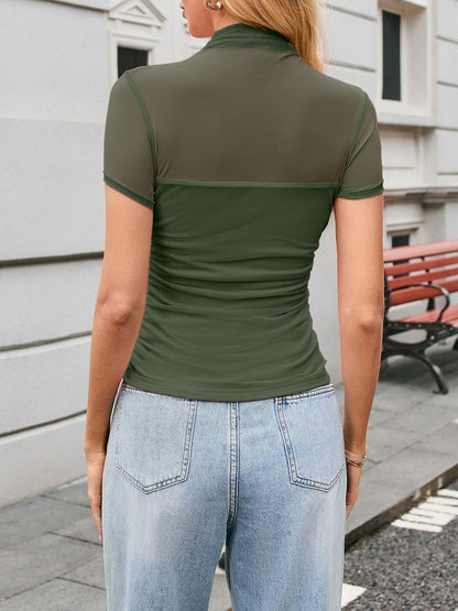 Mock Neck Mesh Sheer Short Sleeves Blouse