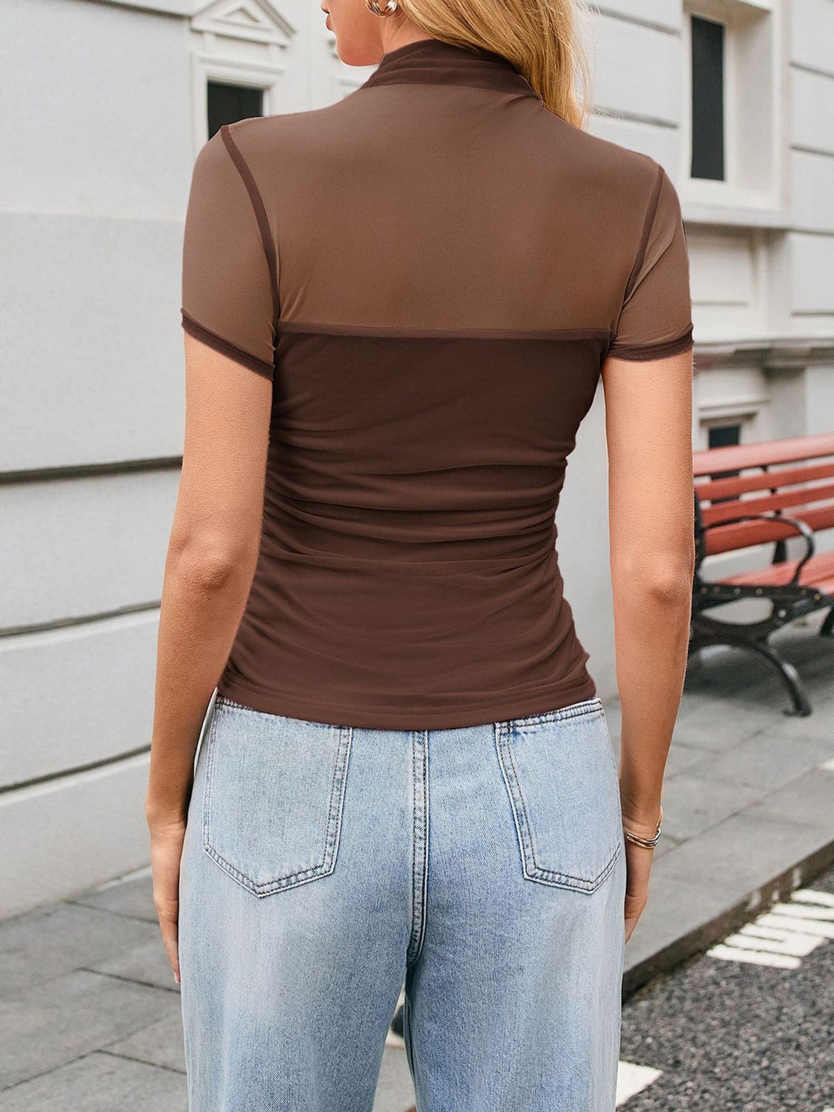 Mock Neck Mesh Sheer Short Sleeves Blouse