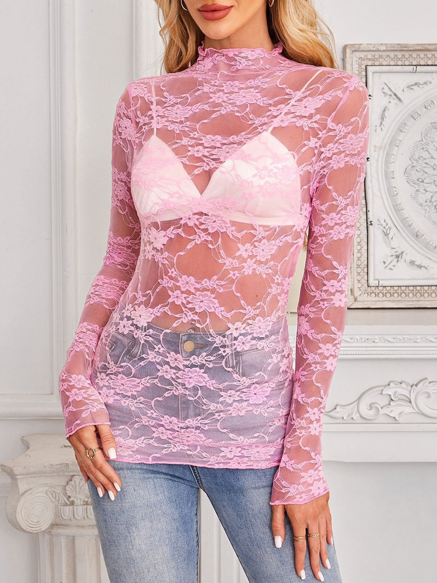 Lace See Through Mock Neck Long Sleeves Blouse