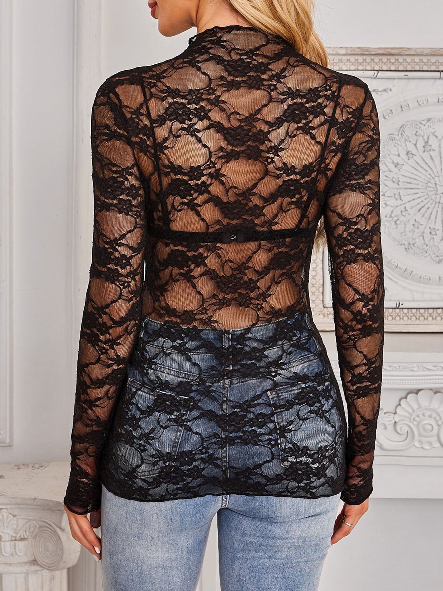 Lace See Through Mock Neck Long Sleeves Blouse