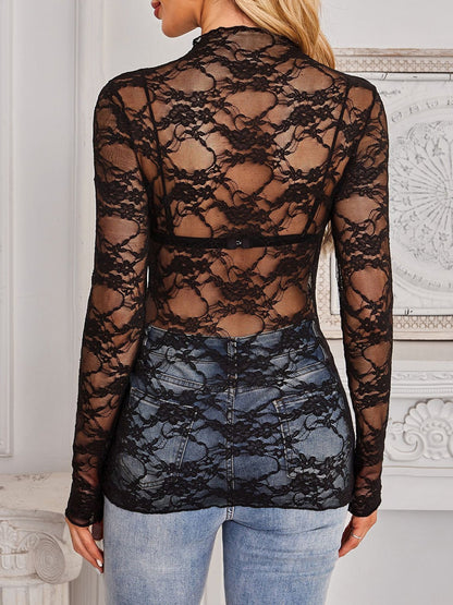 Lace See Through Mock Neck Long Sleeves Blouse