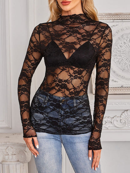 Lace See Through Mock Neck Long Sleeves Blouse