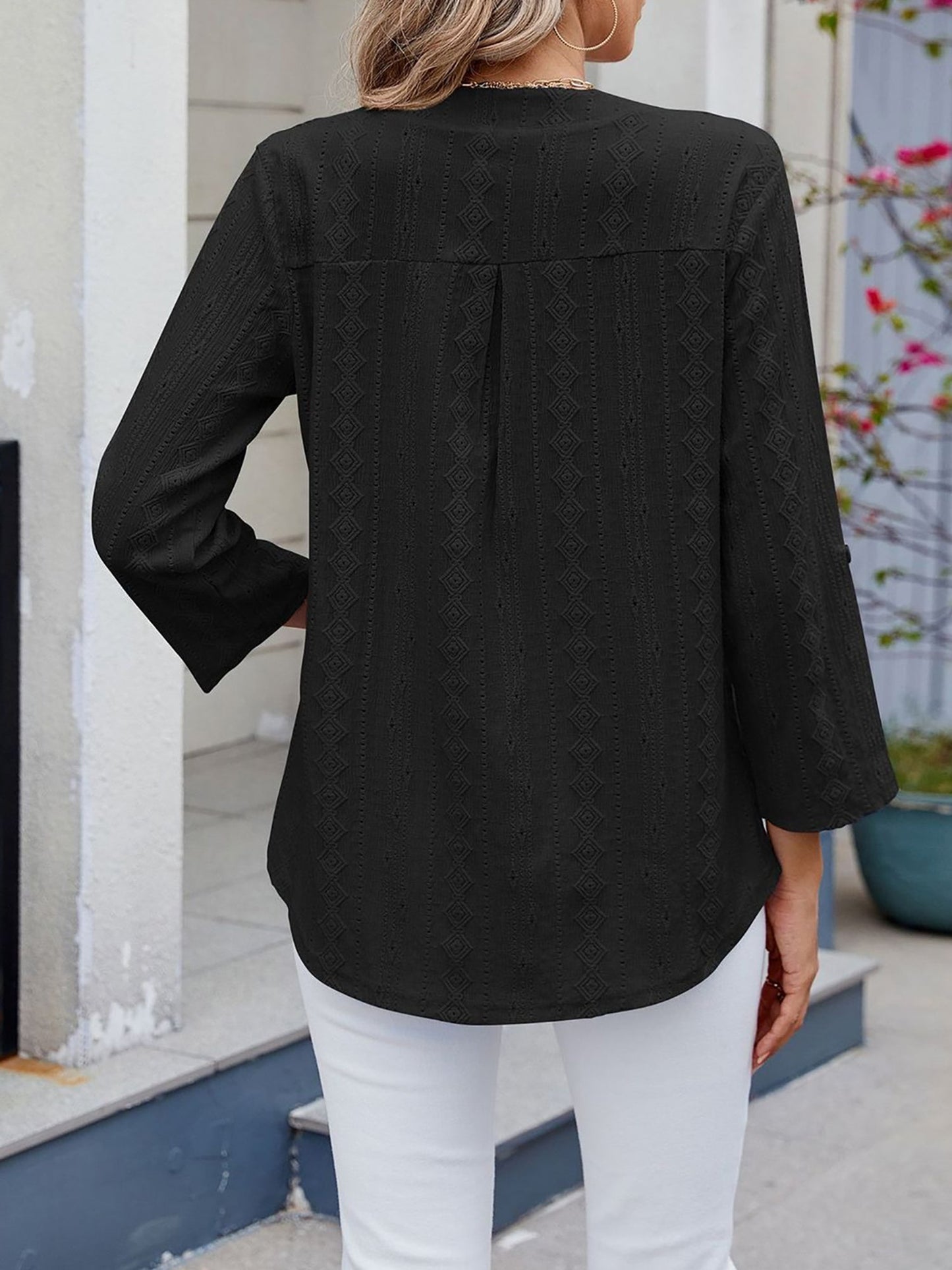 Textured Eyelet Notch Neck Rolled Sleeves Blouse