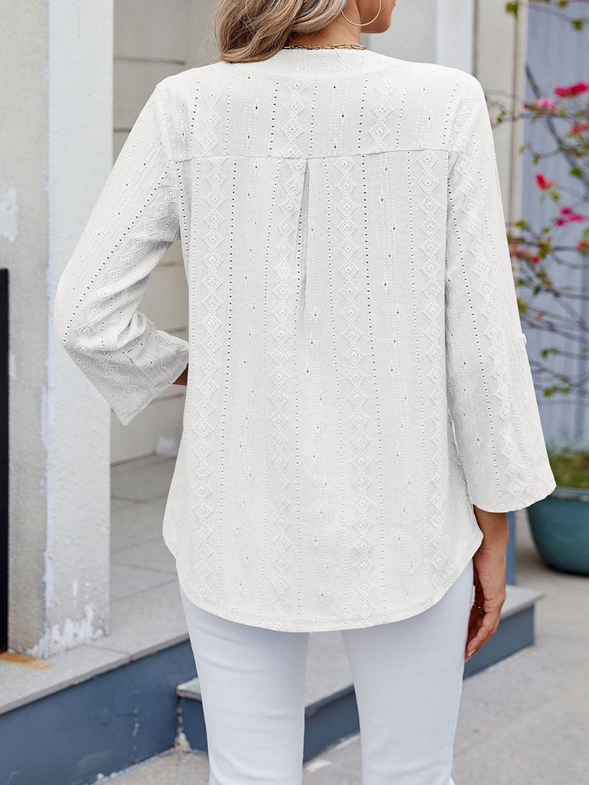 Textured Eyelet Notch Neck Rolled Sleeves Blouse
