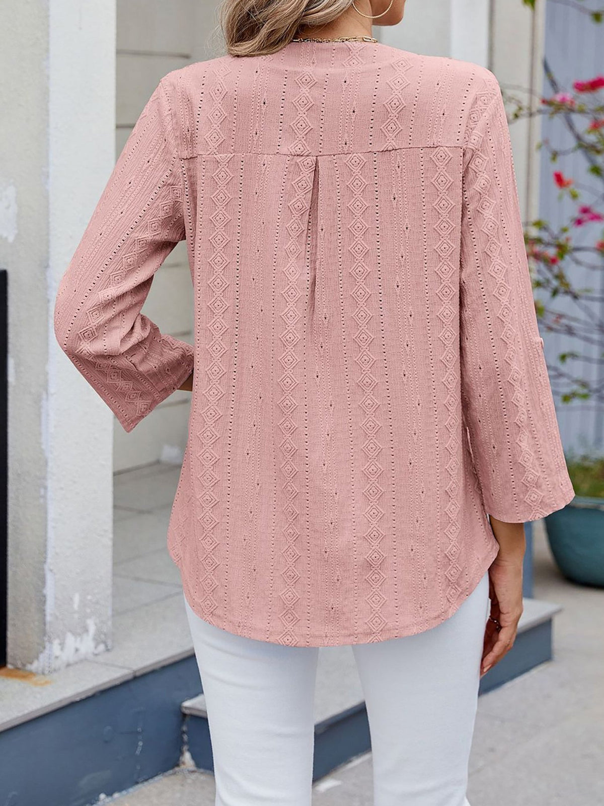 Textured Eyelet Notch Neck Rolled Sleeves Blouse