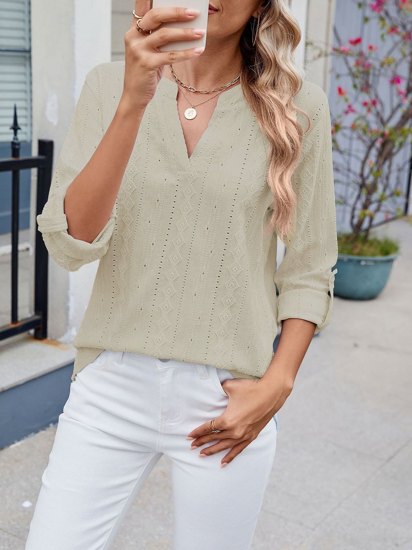 Textured Eyelet Notch Neck Rolled Sleeves Blouse