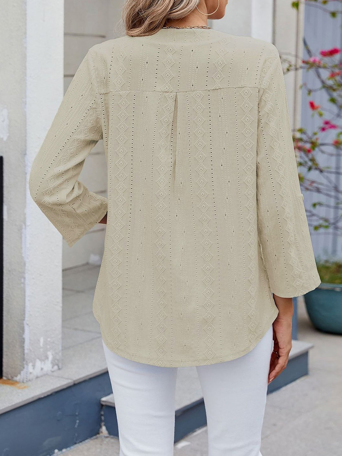 Textured Eyelet Notch Neck Rolled Sleeves Blouse