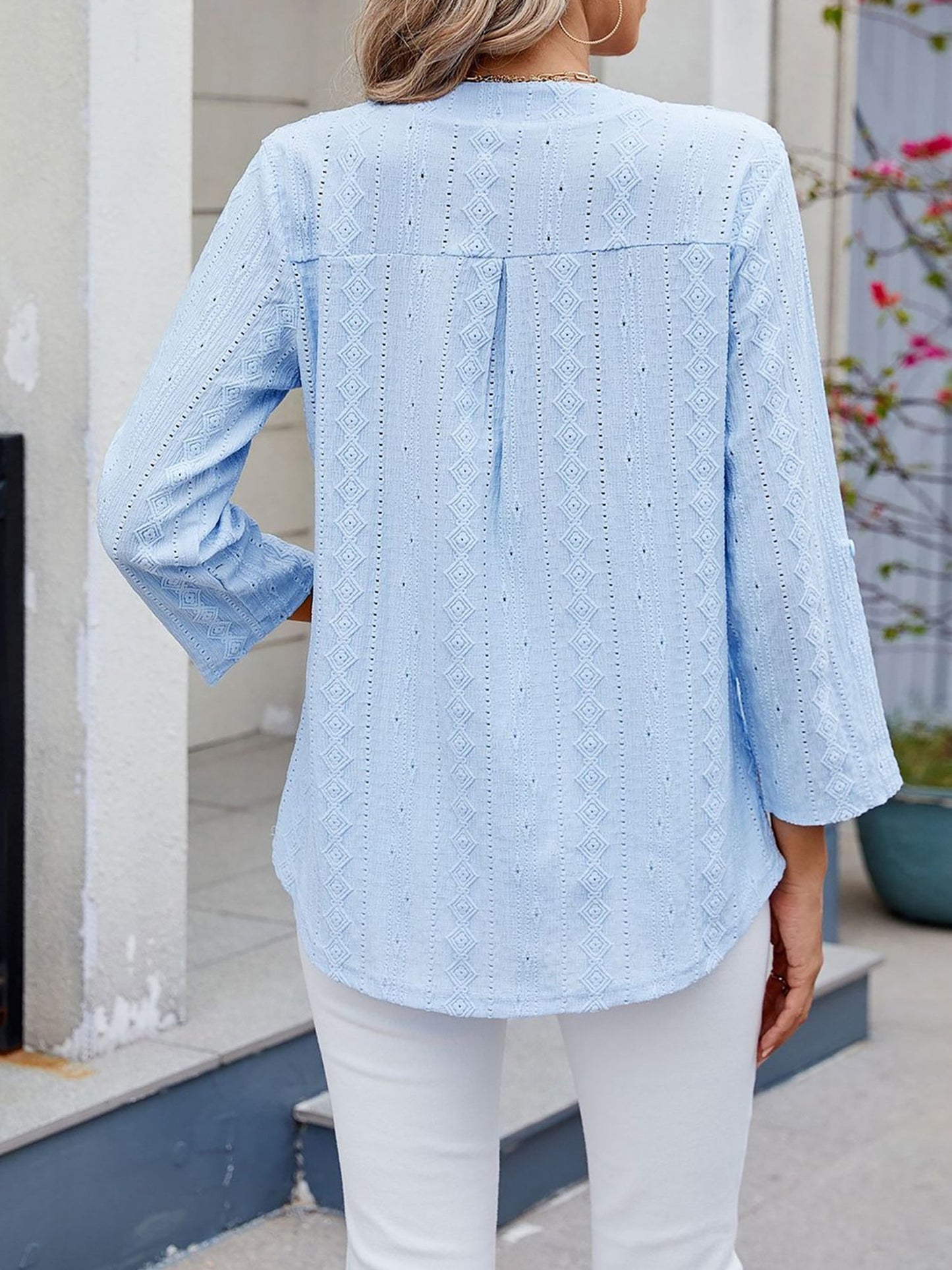 Textured Eyelet Notch Neck Rolled Sleeves Blouse