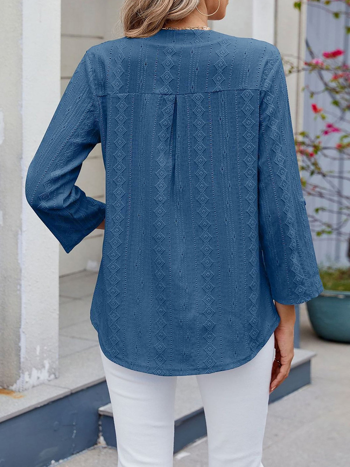 Textured Eyelet Notch Neck Rolled Sleeves Blouse