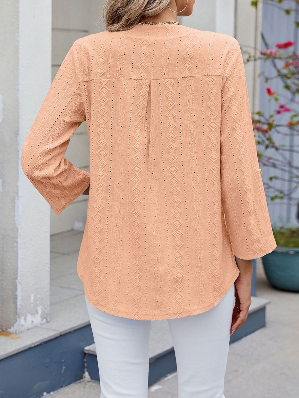 Textured Eyelet Notch Neck Rolled Sleeves Blouse
