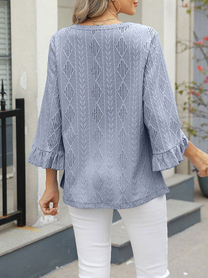 V Neck 3/4 Sleeves Eyelet Textured Casual Blouse