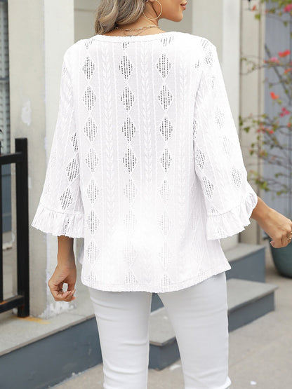 V Neck 3/4 Sleeves Eyelet Textured Casual Blouse