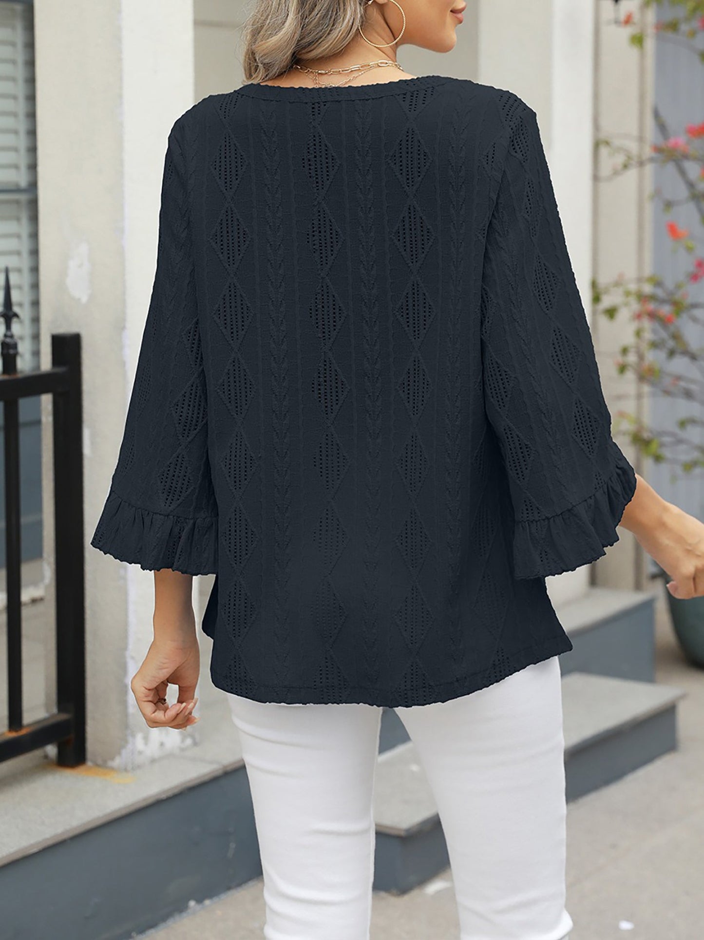V Neck 3/4 Sleeves Eyelet Textured Casual Blouse