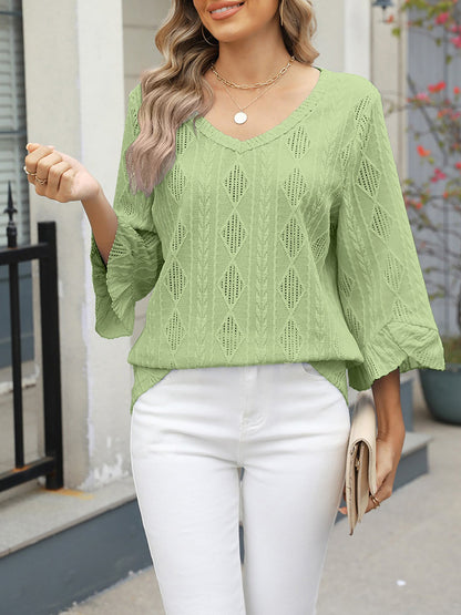 V Neck 3/4 Sleeves Eyelet Textured Casual Blouse