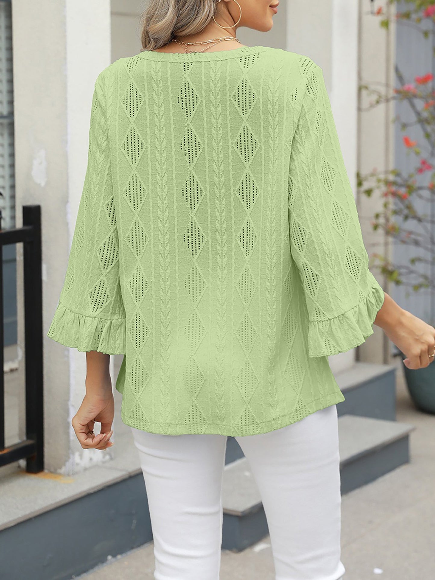 V Neck 3/4 Sleeves Eyelet Textured Casual Blouse