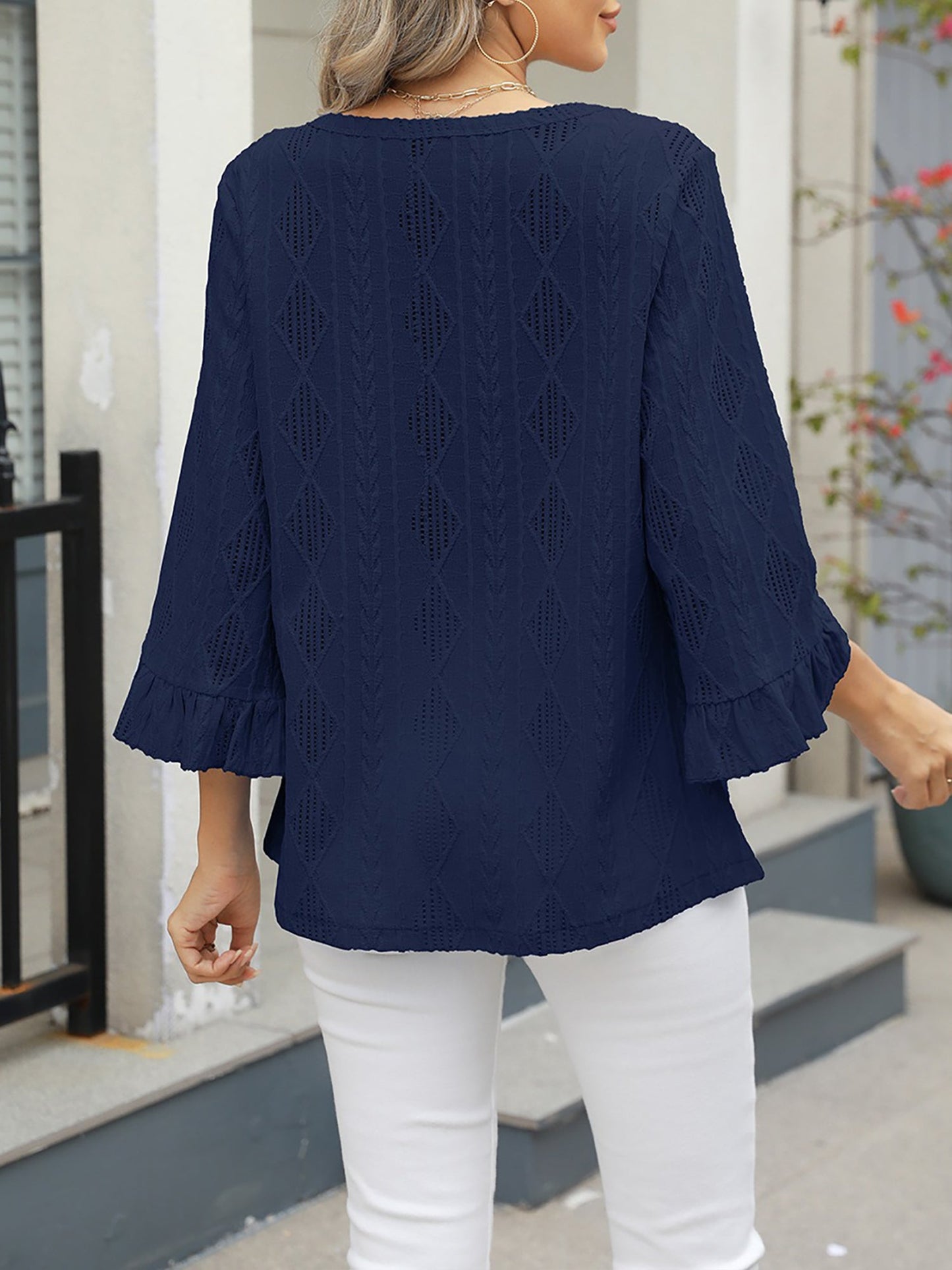 V Neck 3/4 Sleeves Eyelet Textured Casual Blouse