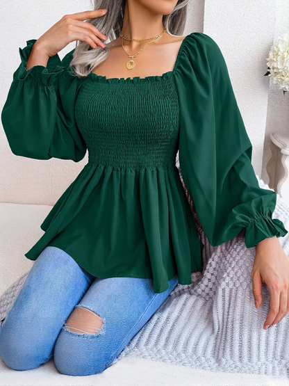 Ruffle Square Neck Smocked Long Sleeves Peplum Blouse