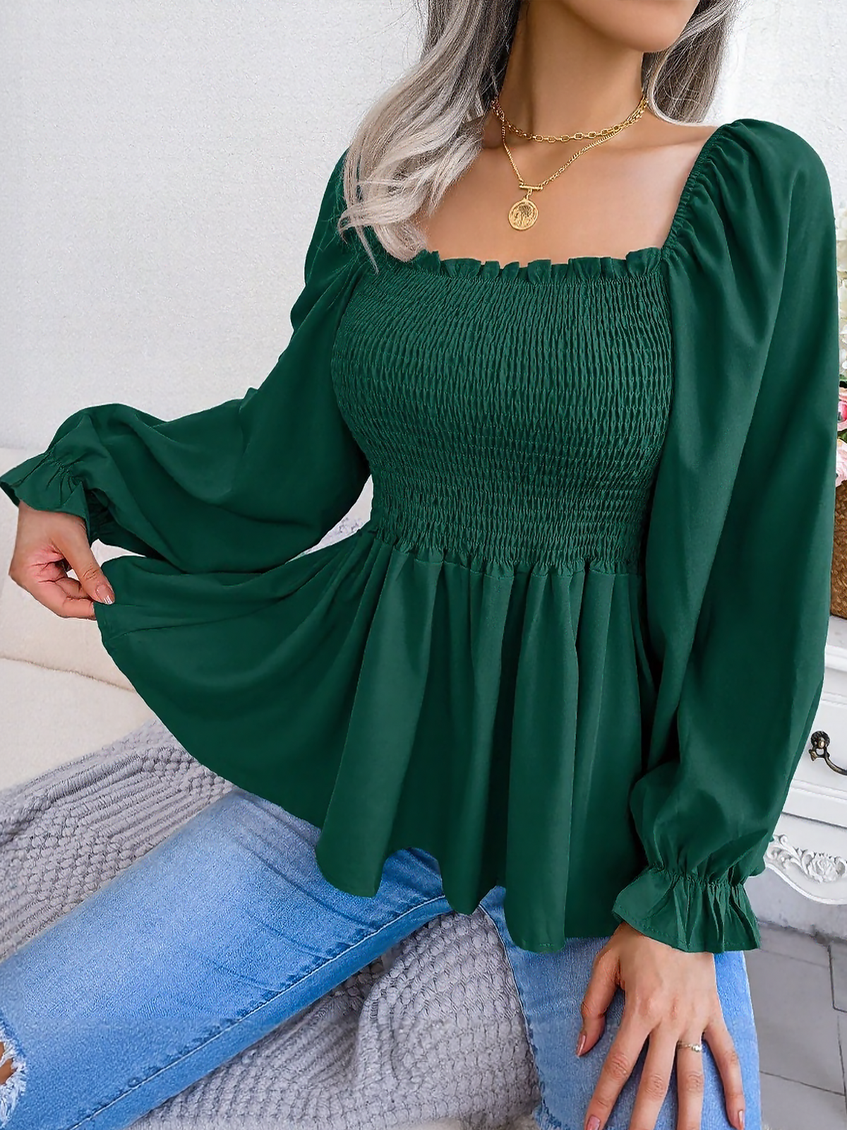 Ruffle Square Neck Smocked Long Sleeves Peplum Blouse