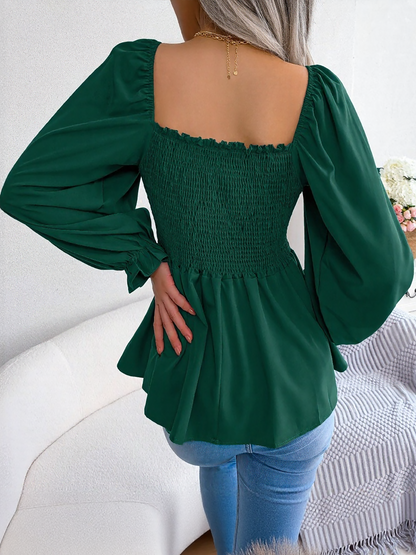 Ruffle Square Neck Smocked Long Sleeves Peplum Blouse