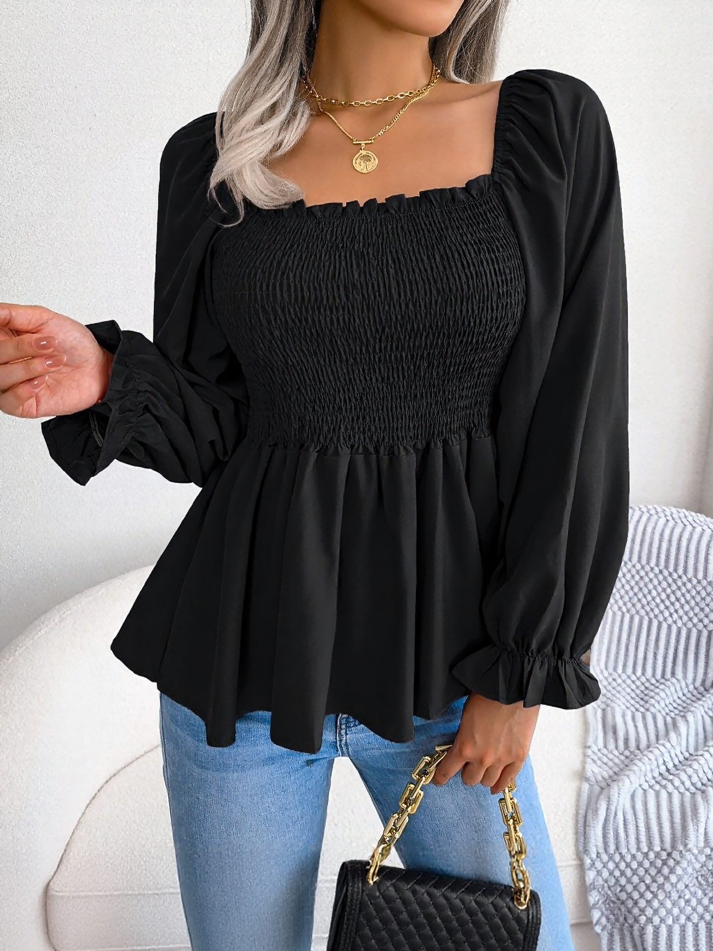 Ruffle Square Neck Smocked Long Sleeves Peplum Blouse