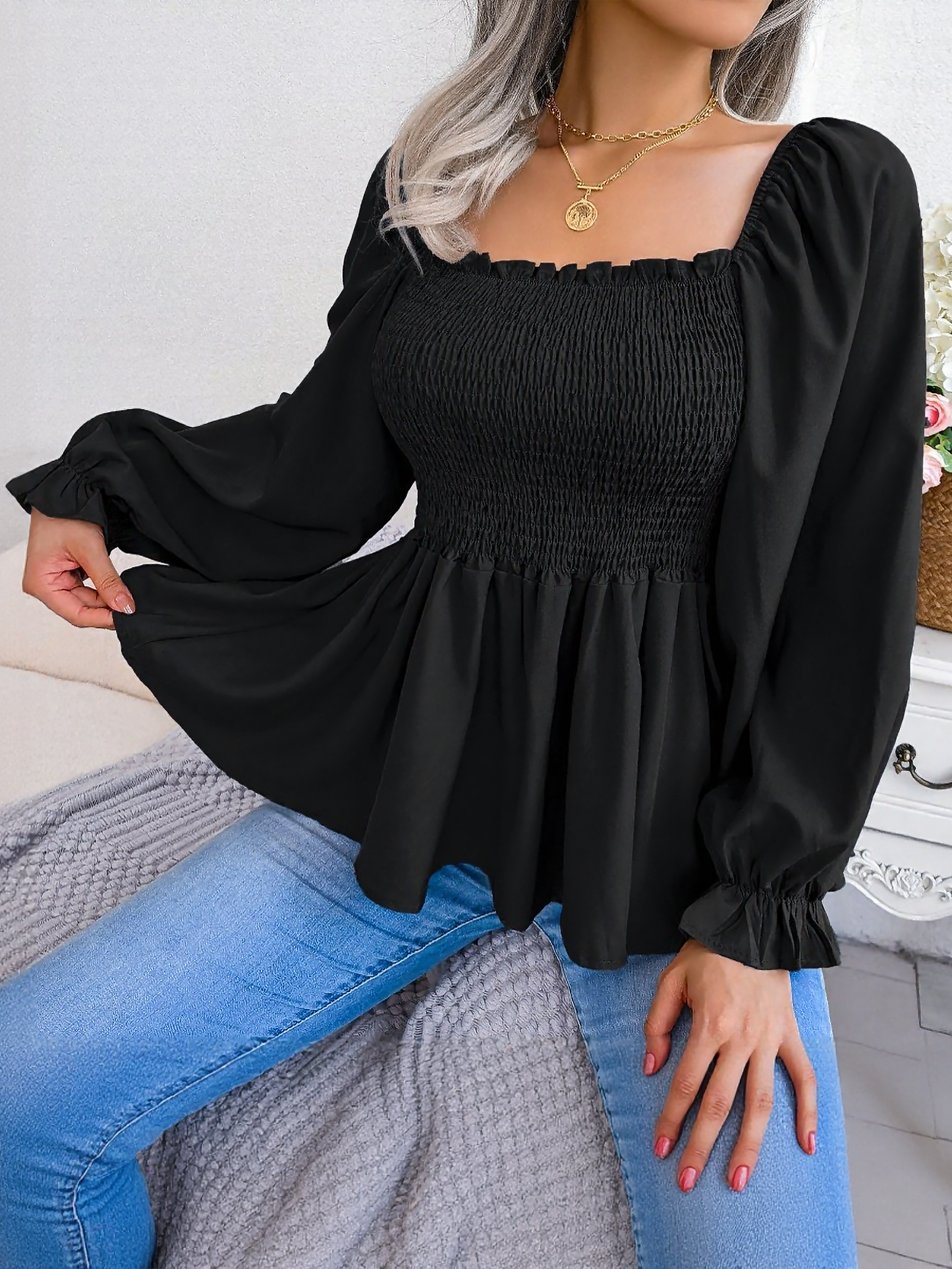 Ruffle Square Neck Smocked Long Sleeves Peplum Blouse